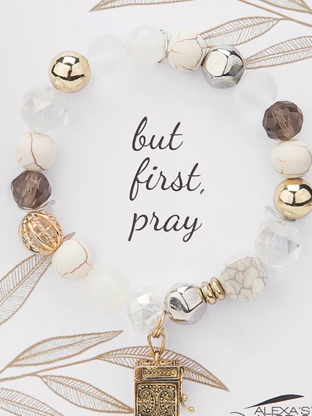 But First Pray Prayer Box Bracelet Gold & White Beaded Stretch faux pearl